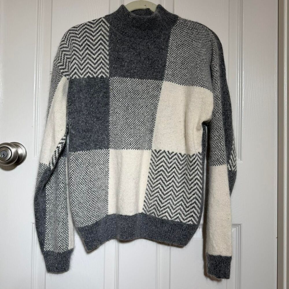 VTG 90s Segue Silk Angora Lambswool Mock Neck Sweater Gray Square Pattern Sz M